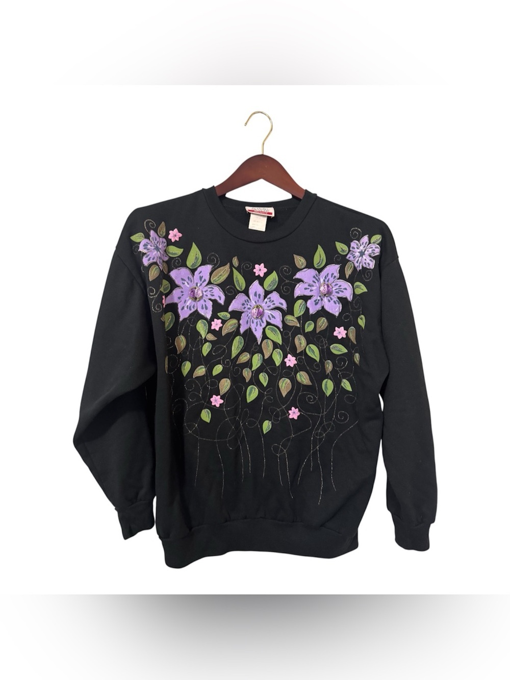 Vintage Cristin Stevens Floral Sweatshirt L Black Painted Sequin Glitter USA